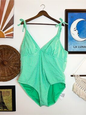 Green Gingham One-Piece Swimsuit with Tie Straps